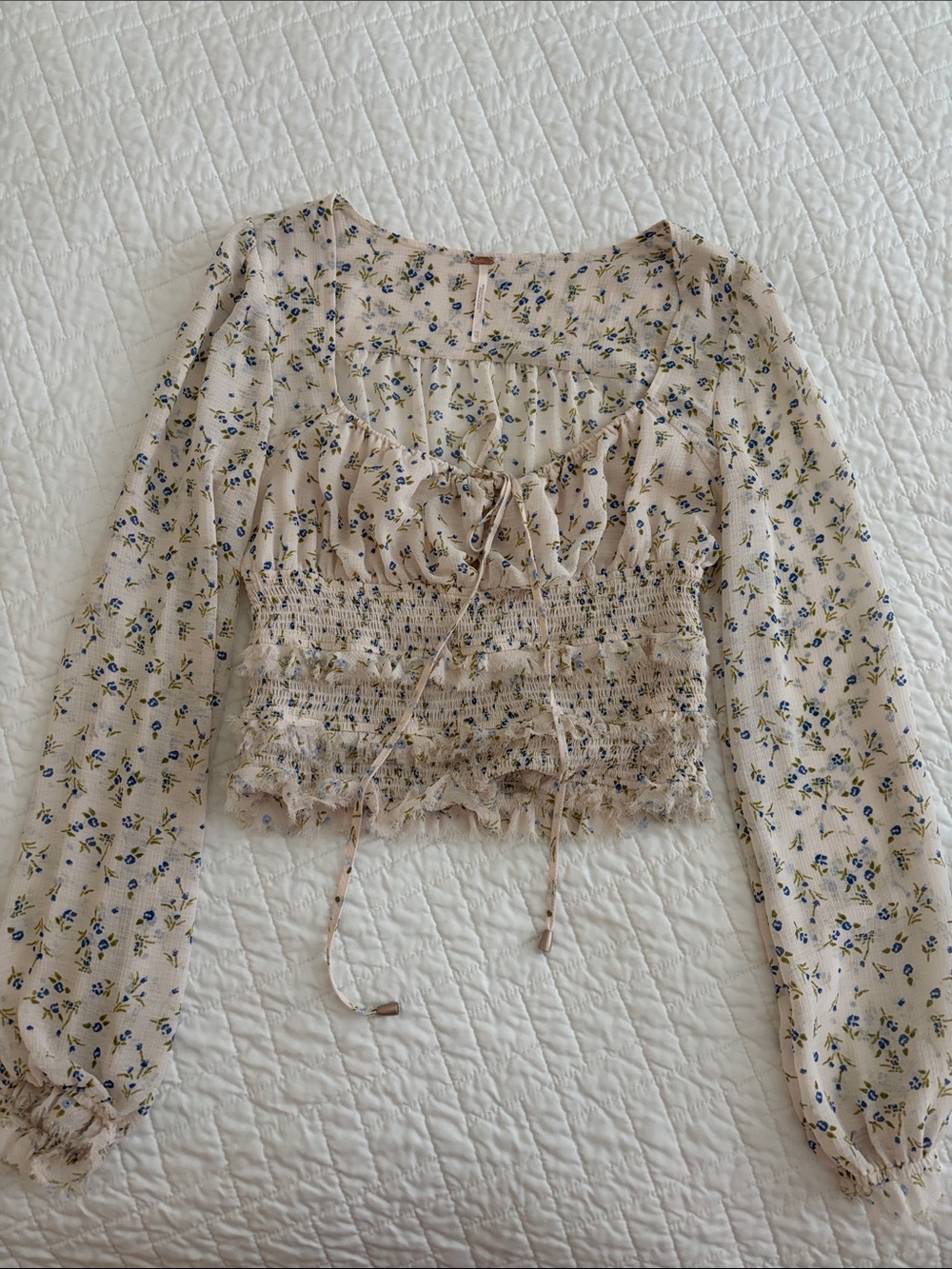 Free People Cream Floral Smocked Crop Top with Blue and Green Accents